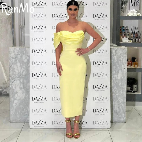 Ranmo Customized Yellow Mermaid One Shoulder Prom Dresses Sleeveless Pleated Evening Dresses Ankle Length Party Dresses فساتين