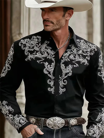 Men's Western Cowboy Style Fashion Print Long-Sleeve Shirt, Retro Lapel Slim Fit, Outdoor Casual Shirt, Sizes XS-6XL, 21 Colors
