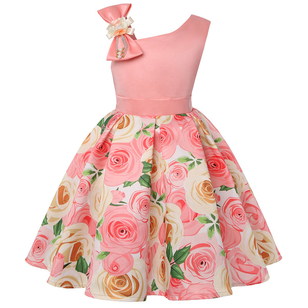 New diagonal shoulder children's dress rose print dress dress Girl party dress festival performance dress ins