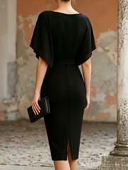 Women's Short Sleeve Midi Dress Cowl Neck Draped Cape Top Bodycon Skirt Elegant Party Evening