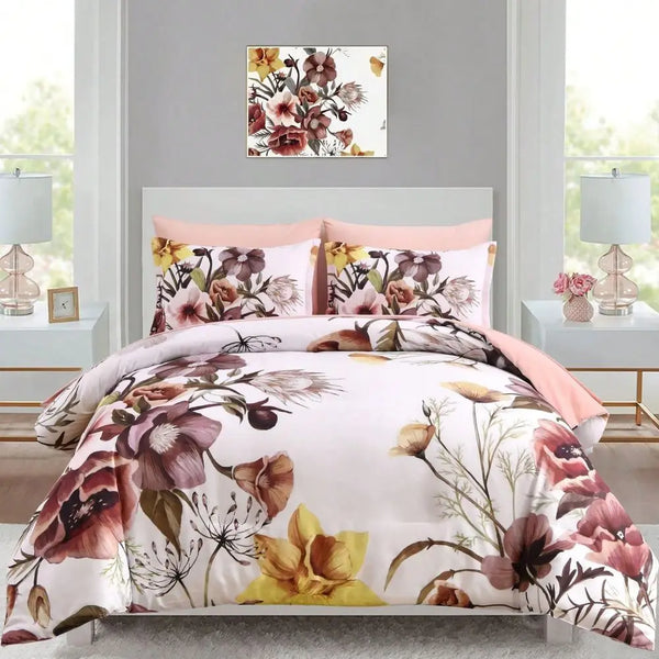 7 Pieces Purple Floral Comforter Sets Full Queen King Beded