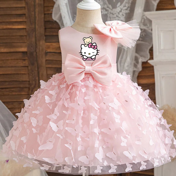 Hello Kitty Girl Princess Dress Kid Clothes Party Birthday Outfits Evening Party Tulle Dress Wedding Wear Summer Bowknot Dress