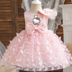 Hello Kitty Girl Princess Dress Kid Clothes Party Birthday Outfits Evening Party Tulle Dress Wedding Wear Summer Bowknot Dress