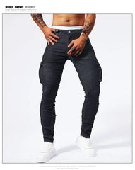2025 New Men Street Elastic Denim Jeans Multi Pockets Cargo Pants Casual Slim Denim Trousers Fashion Y2k Joggers Baggy Man Pants