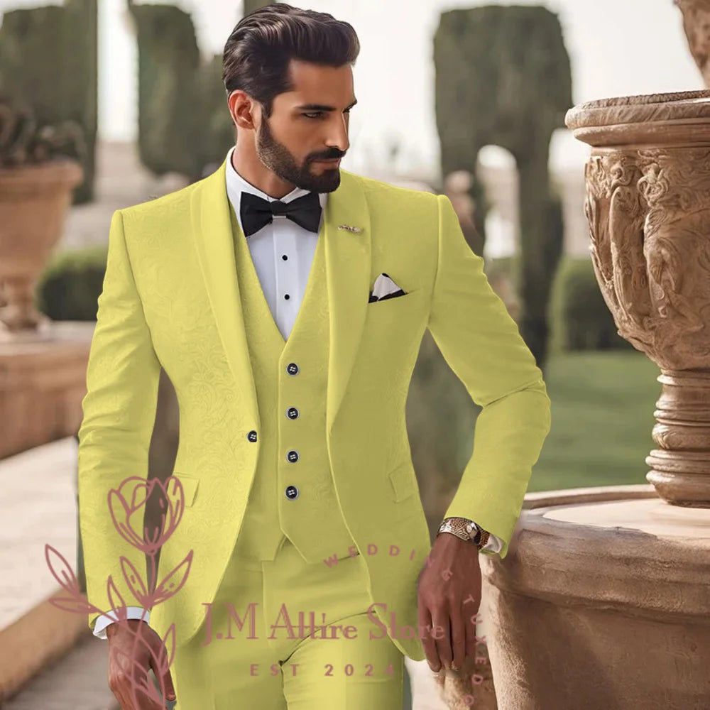 Men's White Jacquard Suit 3pcs Jacket Vest Pants Elegant Formal Fashion Set for Groom Wedding Prom Party Stylish Custom Tuxedo