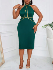 Plus Size Women's Dress Halter Neck Sleeveless Gold Trim Solid Fitted Dress Elegant Dress Spring Summer Chic Dress Party Dress