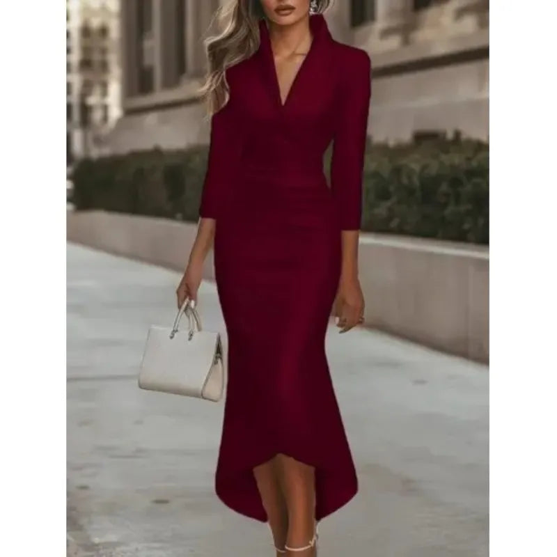 Commuting V-Neck Satin Dress Elegant Sexy Evening Party & Office Ladies Work Wear Stylish Long Sleeve Gown Dresses For Women