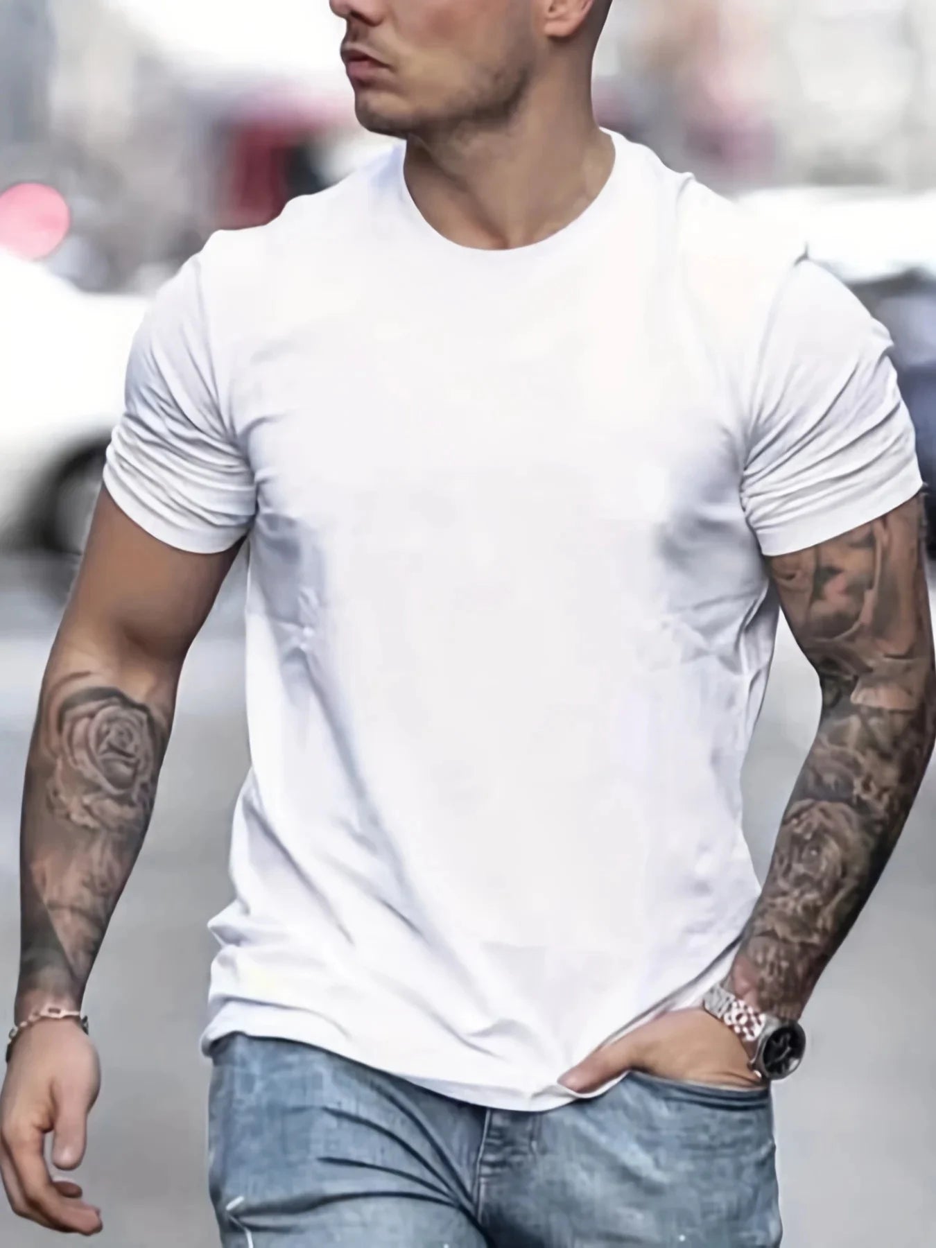 Men's summer loose fit oversized Blessed printed slim fit casual sports round neck short sleeve
