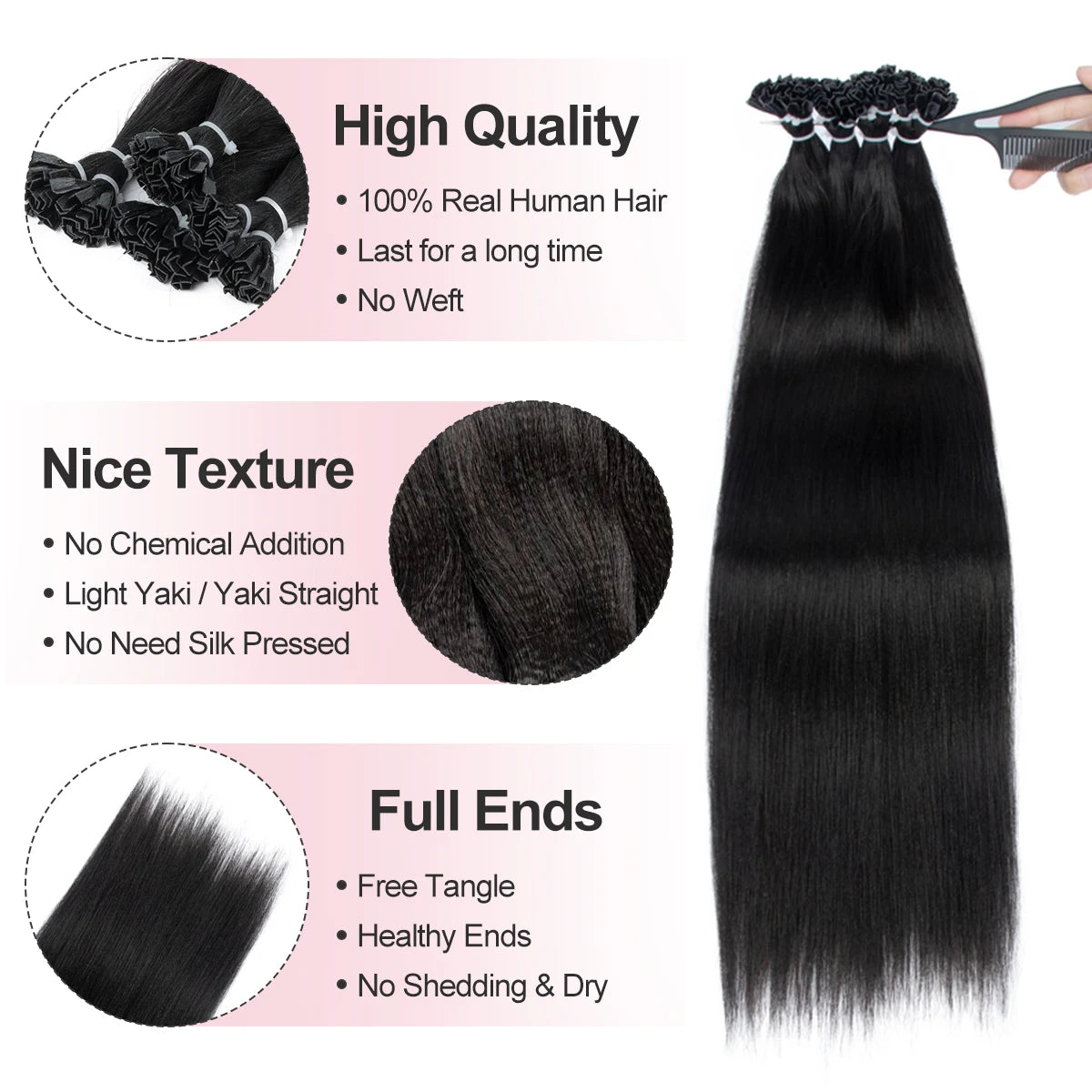 K Tip Hair Extensions Human Hair Light Yaki Cuticles Remy  Pre Bonded Keratin Hot Fusion Hair Extensions 14-26 inch 1B V Tip
