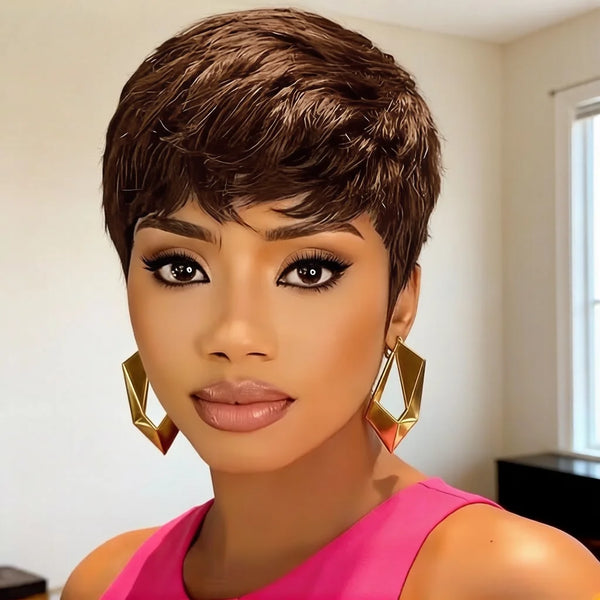 Human Hair Short Pixie Cut Wig for Women -Burgundy 99J Short Straight