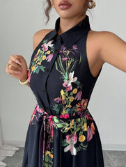 Tropical Print Halter Neck Dress, Vacation Style Backless Dress For Spring & Summer, Women Clothing Women Dress Summer Slimming