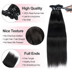 Light Yaki K Tip Hair Extensions Human Hair Cuticles Remy  Pre Bonded Keratin Hot Fusion Hair Extensions 14-26 inch 1B V Tip