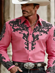 Men's Western Cowboy Style Fashion Print Long-Sleeve Shirt, Retro Lapel Slim Fit, Outdoor Casual Shirt, Sizes XS-6XL, 21 Colors