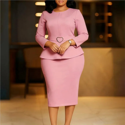 Women O-neck Long Sleeve Midi Dress Elegant Fashion Solid Office High Waist dress