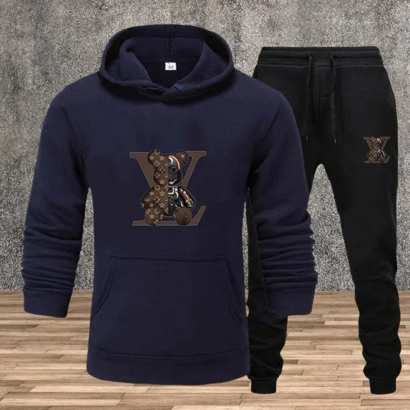 Men's hooded pullover + sweatpants fitness set for autumn and winter, casual jogging two-piece set