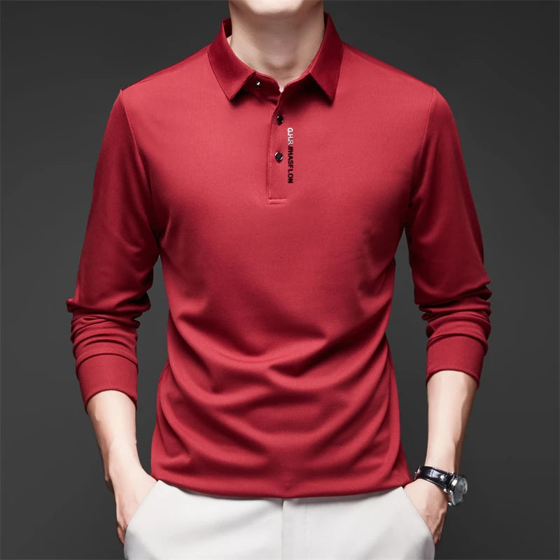 New Men's Business Casual Long Sleeved Shirt with Badge Solid Color Polo Shirt