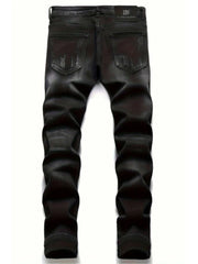 Men's Black Distressed Jeans Skull Patch & Embroidery Letter Print Slim Fit Stretch Denim Pants Street Fashion Biker Trousers