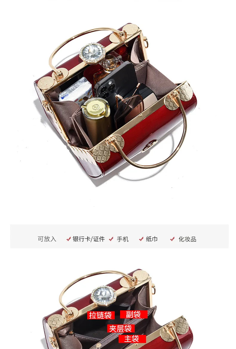 Fashion Women's Bright Leather Steel Armor Bag New Lacquer Leather Bride Handbag