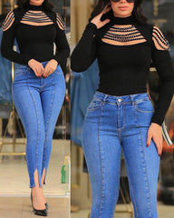 Studded Ladder Cutout Long Sleeve Top Women Spring Summer Hollow Out Fashion Casual T Shirt Pullover Tops