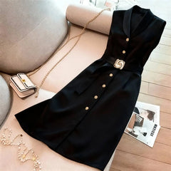 Midi Dress Spring Summer Women Black Sleeveless Blazer Collar Belted Button Front Bodycon Elegant Professional Office Dress