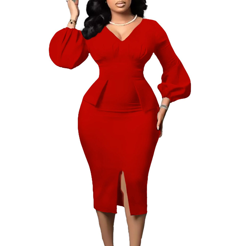 Summer Business Dress Women Elegant Solid Ruffle