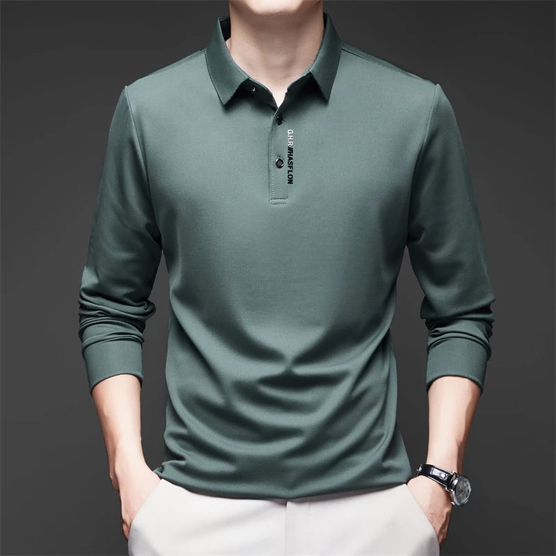 New Men's Business Casual Long Sleeved Shirt with Badge Solid Color Polo Shirt