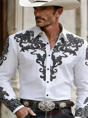 Men's Western Cowboy Style Fashion Print Long-Sleeve Shirt, Retro Lapel Slim Fit, Outdoor Casual Shirt, Sizes XS-6XL, 21 Colors