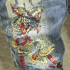 Harajuku Fashion Luxury Brand Men's Summer Embroidered Jeans Knee