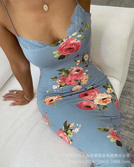 Print Sleeveless Sling Dress Women Party Night Prom Long Dresses Slim Fit Lace Spliced Streetwear Elegant Sexy Vestidos