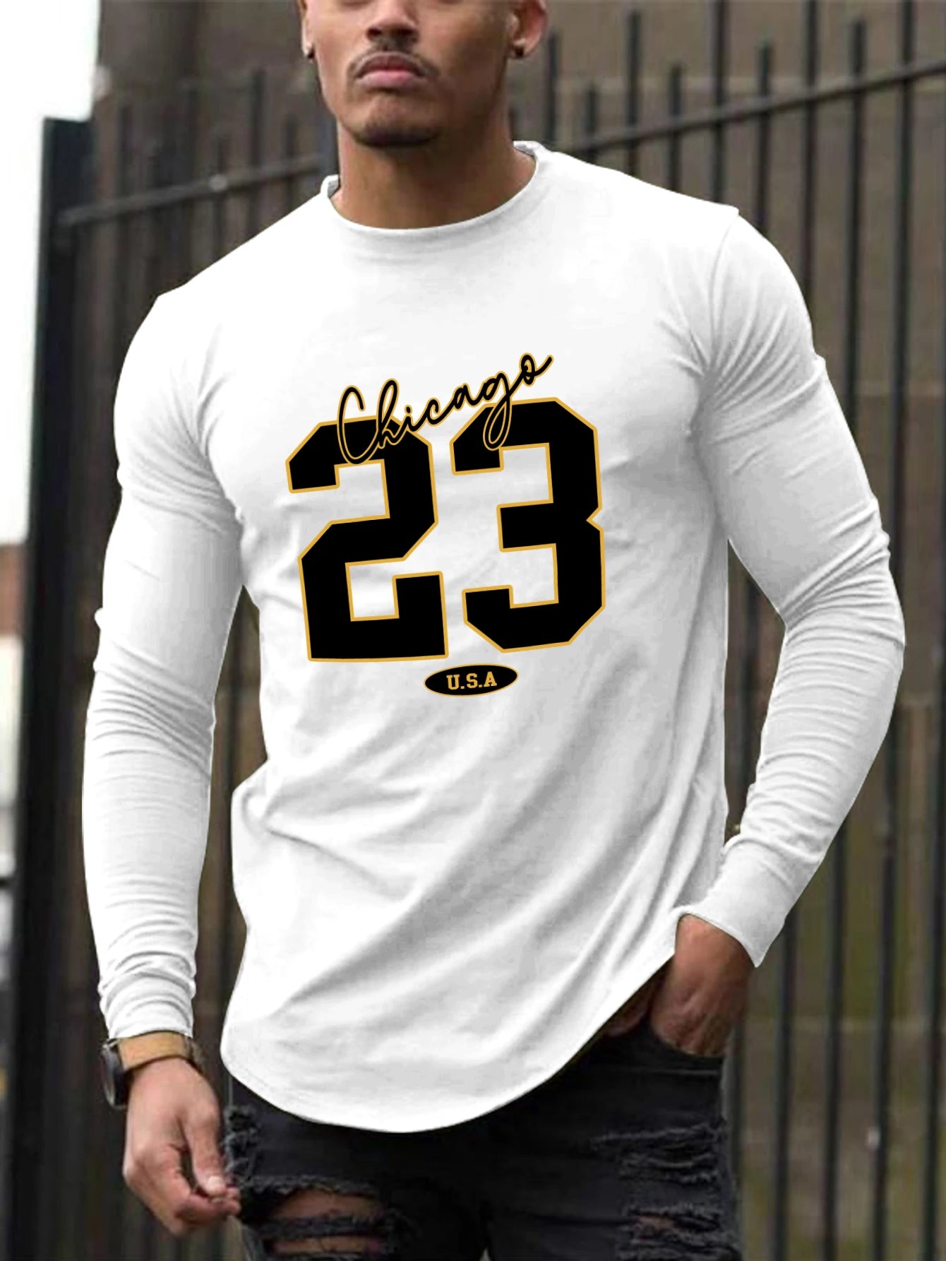 New long-sleeved T-shirt men's printed round neck long-sleeved T-shirt trend versatile casual tops men's clothing summer