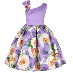 New diagonal shoulder children's dress rose print dress dress Girl party dress festival performance dress ins