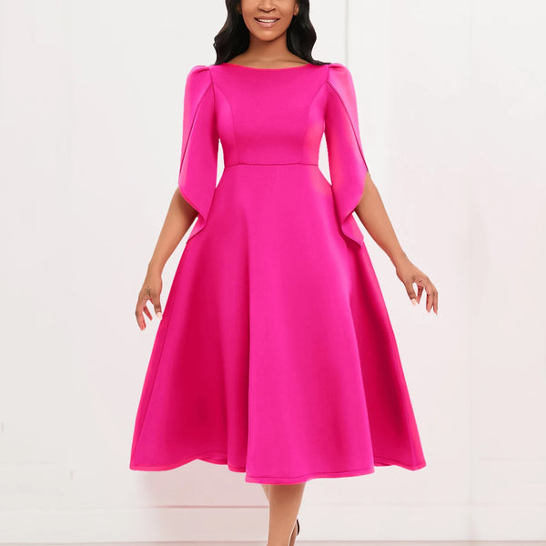 Elegant Party Dresses Woman 2024 New O Neck Half Sleeve High Waisted A Line Pleated Mid Calf Luxury Birthday Dinner Vestidos Hot