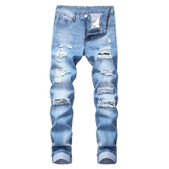 American Fashion Street Style Ripped Skinny Jeans  Street Riding Stretch Slim Fit Straight Pants Patchwork  Denim Trousers Male