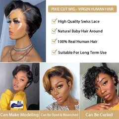 Malaysia Hair Side Part Pixie Cut Straight Wigs Short Bob Hair Wig 100% Human Hair 13x4 Lace Front Human Hair Wigs Natural Color
