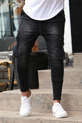 New Men's Slim Fit Stretch Jeans Casual Fashion Multi Pocket Cargo Denim Pants High  Jeans Work Hip Hop