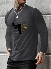 Men's 100% pure cotton loose fit plus size comfortable casual sports bull pattern printed round neck long sleeved T-shirt top