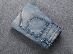 Trendy Brand Motorcycle Men's Jeans Unique Ripped Slim Fit Streetwear High Elasticity Smooth Slimming Effect Casual Denim