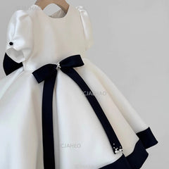 Baby Girl Princess Bow Pearl Silk Dress White Clothing Infant Toddler Vintage Vestido Wedding Party Birthday Baby Clothes 1-14Y