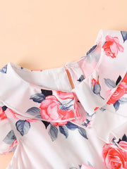 White Base Rose Print Girls Ruffle Sleeve Pleated Dress Sweet Style Summer Outfit