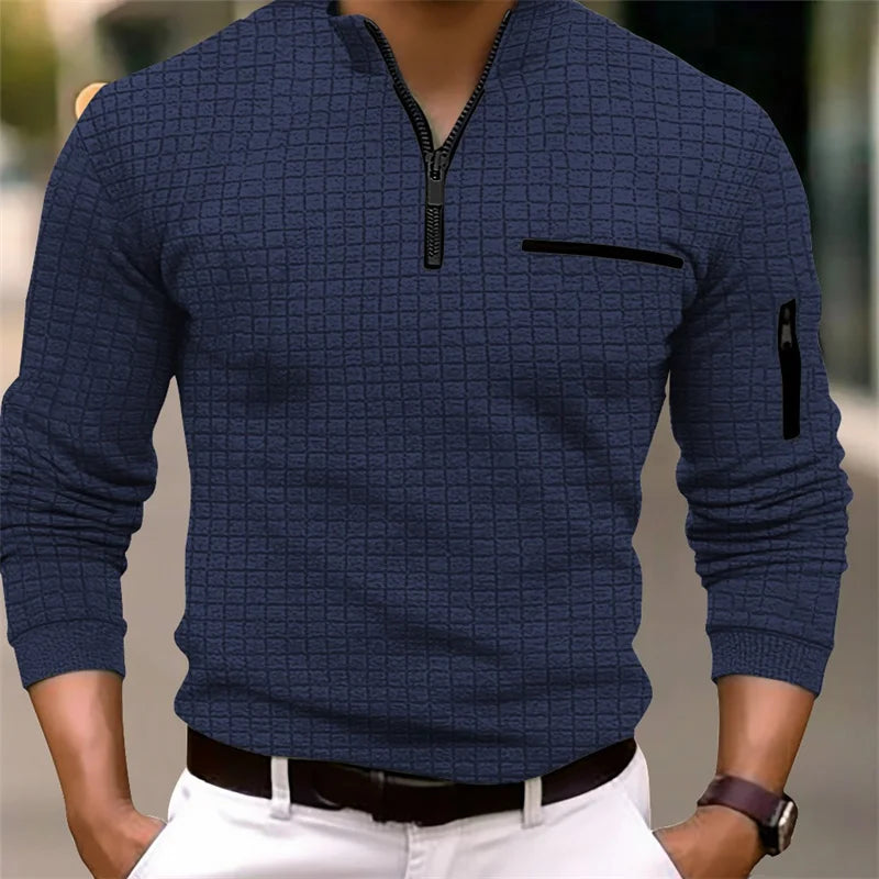 2025 Spring and Autumn New Men's Plaid Turtleneck Zipper Long Sleeve Polo Shirt  Casual
