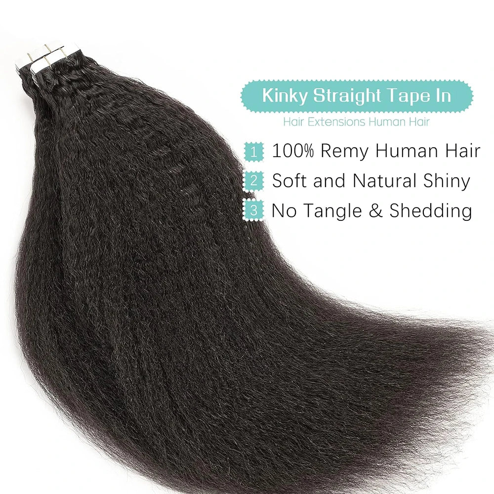Kinky Straight Tape In Human Hair Extensions Skin Weft Hair Extensions Adhesive Invisible 100% Brazilian Virgin Natural Hair #1B