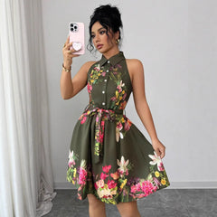 Tropical Print Halter Neck Dress, Vacation Style Backless Dress For Spring & Summer, Women Clothing Women Dress Summer Slimming
