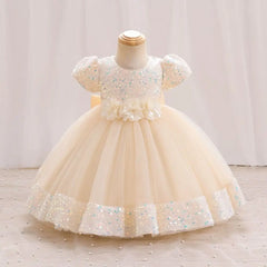 Fashion Puff Sleeve Girls Princess Evening Dress Flower Shiny Glitter Summer Lace Dress Sweet Bowknot Party Dress Skirt Party