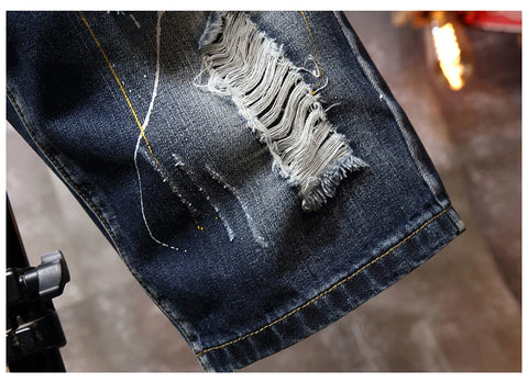 Vintage Summer Mens Graffiti Ripped Denim Shorts Ripped Fashion Destroyed Short Jeans Brand Male Clothes Hole Short Pants