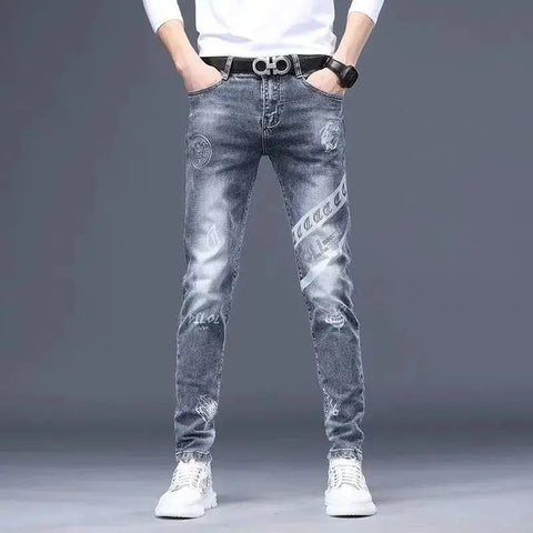 High End Stylish Classic Distinctive Printed Black Stretch Denim Jeans for Men
