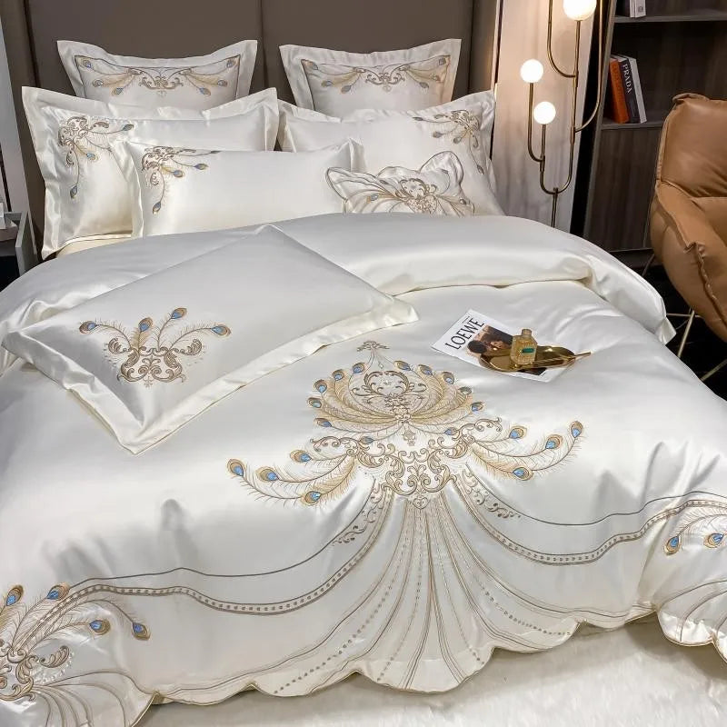 4/6Pcs White Gray Sateen Gold Embroide Luxury Satin Cotton onBedding