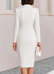 Elegant Women BlazerMidi Dress V Neck Lapel Collar Long Sleeve Shoulder Pad Single Button Slim Bodycons