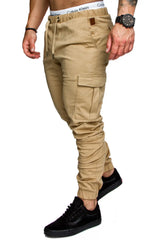 Men High Elastic Cargo Pants Summer Lace Up Drawstring Pocket Harem Stretch Full Trousers BSD-8811