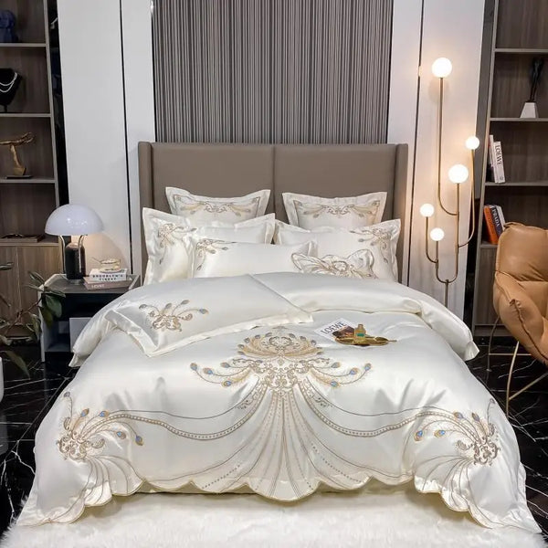 4/6Pcs White Gray Sateen Gold Embroide Luxury Satin Cotton onBedding