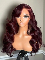 34 Inch 200% 99J Burgundy Color 13x4 Transparent Lace Frontal Wigs Human Hair Body Wave Pre Plucked With Baby Hair For Women